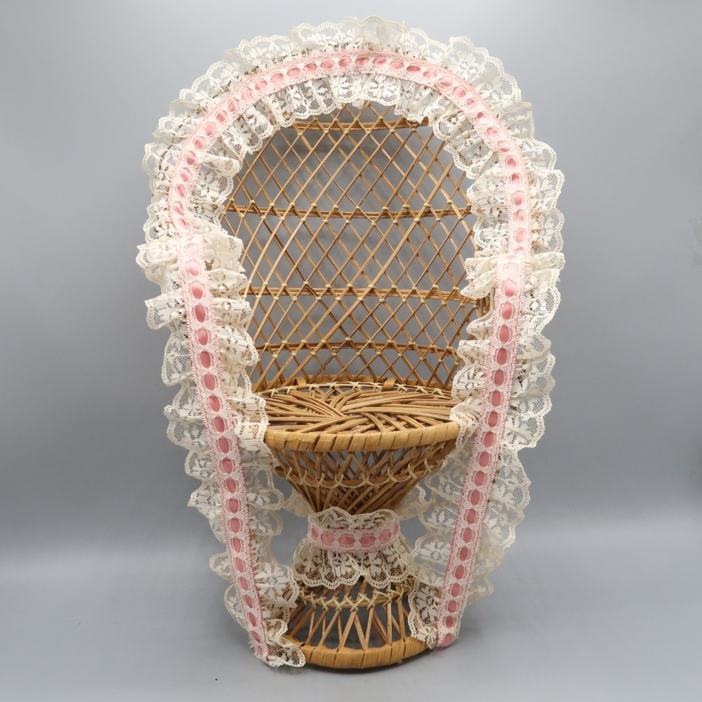 Peacock Fan Back Rattan Chair 16" Doll Or Plant Stand Vintage Wicker Boho